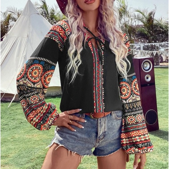 Boho Tribal Paisley Print Long Sleeve Top Blouse Shirt Black - Picture 1 of 6